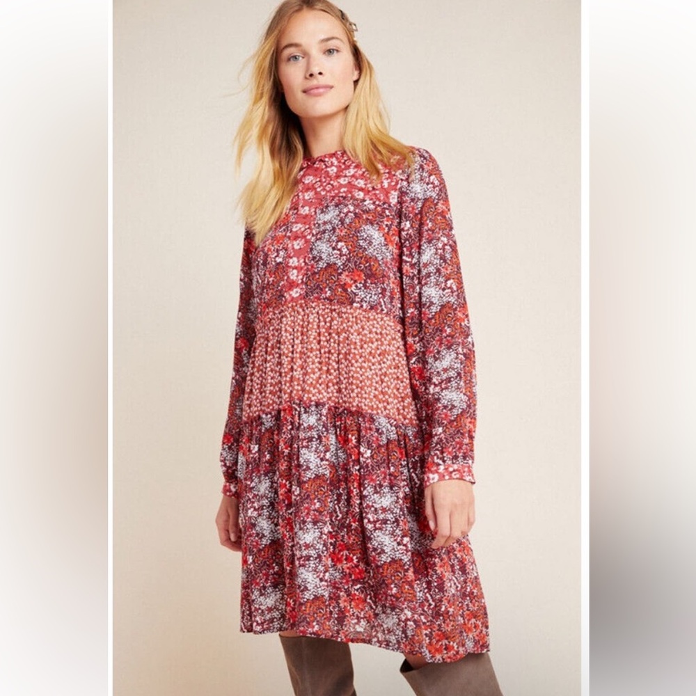 Anthropologie Maeve Esther Mixed Floral Print Tiered Tunic Shift Dress